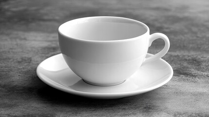 Fototapeta premium A clean, white teacup with a simple saucer, placed on a smooth table