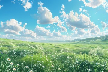 Serene Meadow Under a Bright Blue Sky