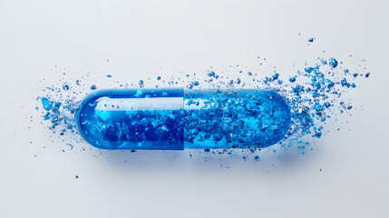 Blue Capsule Dissolving into Small Particles in a Scientific Context