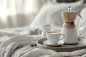 Tray with coffee pot and cup in bed
