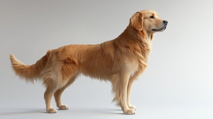 A golden retriever dog standing on a white background, looking to the right.