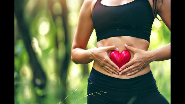 Woman hand's with heart over stomach concept for exercise, diet, fitness, gut health and self love for wellness and training in the summer for healthy workout outside. 4k video