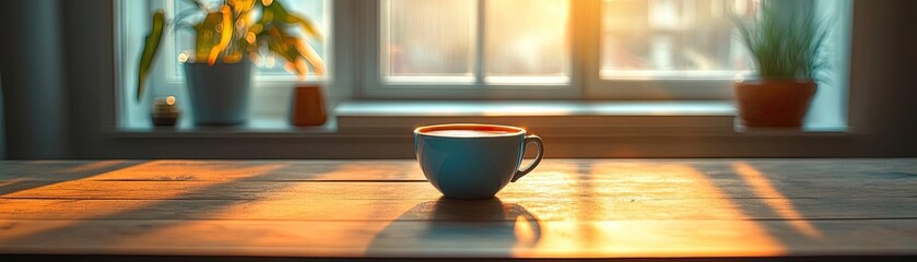 Fototapeta premium A cup of coffee on a bare table, with soft lighting and no distractions
