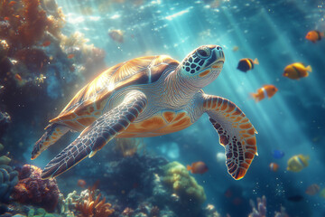 Fototapeta premium A majestic sea turtle swimming gracefully through a vibrant coral reef. The turtle is surrounded by colorful fish and corals of various shapes and sizes.