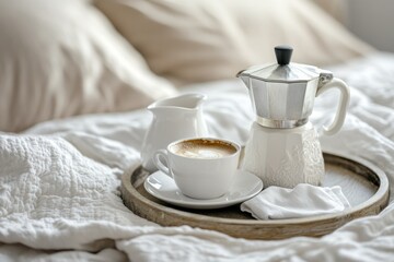 Tray with coffee pot and cup in bed
