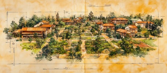 Obraz premium Watercolor painting of an aerial view of a village with red tile roofs and a garden.