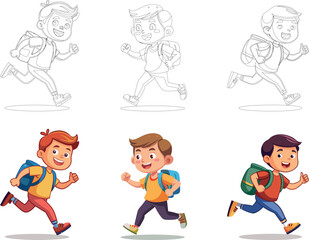 Two Cheerful Children With Backpacks Are Running Joyfully