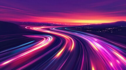 A highway with colorful light trails, symbolizing the speed and movement of digital marketing. Generative AI.