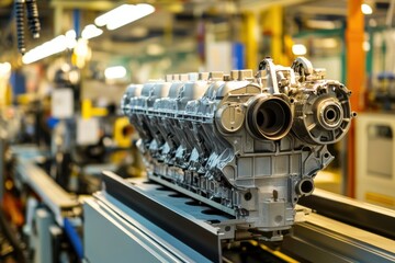 Fototapeta premium Robotic arms placing an engine inside a car chassis on the production line.