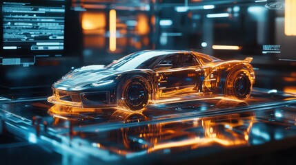 A holographic interface showcases a detailed car model in a high-tech environment, highlighting sophistication in vehicle design and technology.