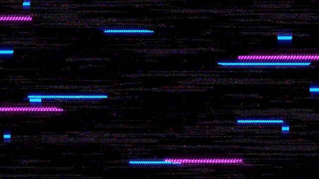 Abstract tech signal disruption digital glitch damaged effect textured overlay VHS Style and light glow neon background.