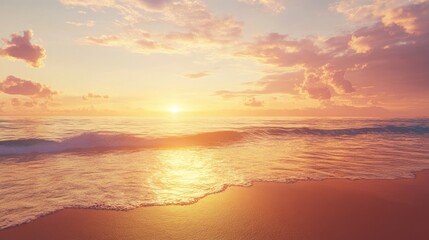 Obraz premium A radiant golden hour beach scene with calm waves, warm sunlight, and a peaceful, glowing horizon