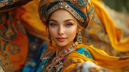 Fototapeta premium Traditional Dress Cultural Dance Performance: A woman gracefully moves in a vibrant and intricate costume