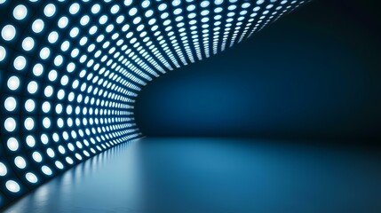 The image shows a curved wall lined with rows of round, glowing lights, casting a blue light onto a polished floor. The background is a dark blue, creating a futuristic and abstract aesthetic.