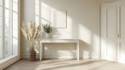 Fototapeta premium Sleek White Console Table with Minimalist Decor in Bright Living Room Setting