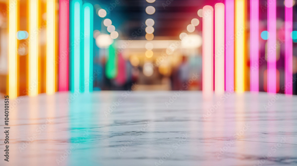 Poster empty marble surface for displaying products with colorful neon lights and blurry shopping mall back