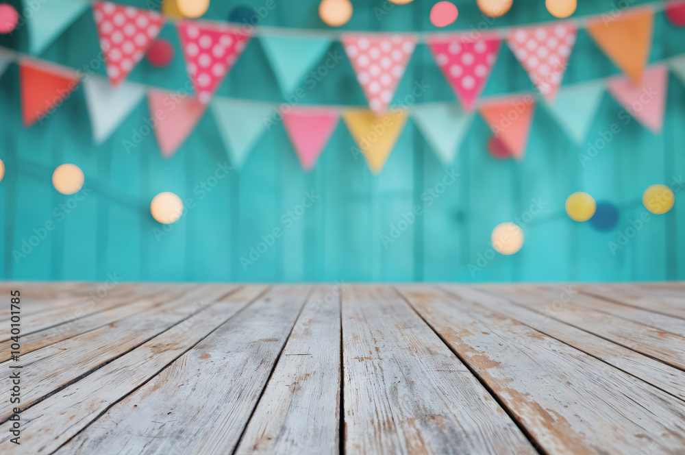 Aufkleber empty wooden table against a colorful party background. ideal for showcasing products with festive d