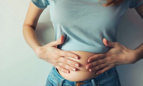 Young beautiful woman having painful stomachache on white background.Chronic gastritis. Abdomen bloating concept