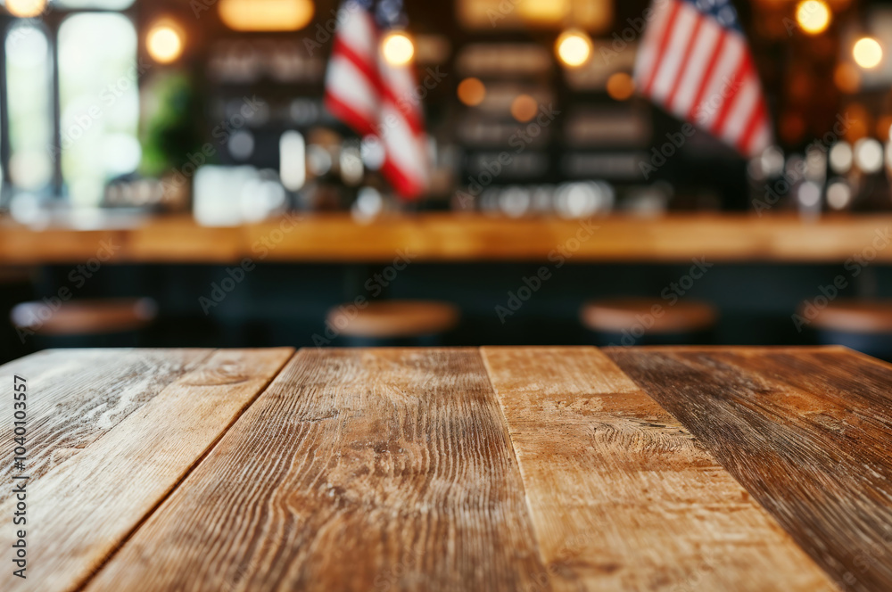 Aufkleber Empty wooden tabletop with a blurred american bar setting in the background with a rustic brown texture for a warm and inviting atmosphere