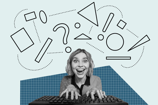 Creative collage image young crazy worker workaholic geometry figures computer keyboard user equipment buttons typing browsing