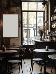 Rustic Cafe Interior: A vintage-inspired cafe interior with a large, blank poster frame, perfect for showcasing your brand or message. Warm lighting, rustic wood.