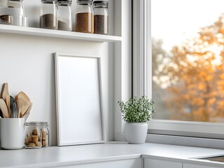 Fototapeta premium Kitchen Corner Mockup: An empty white frame on a kitchen counter, bathed in warm natural light streaming in from a nearby window. The perfect canvas for showcasing artwork, photography.