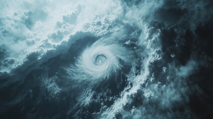 Aerial view of powerful hurricane over ocean, featuring eye of storm and swirling clouds.
