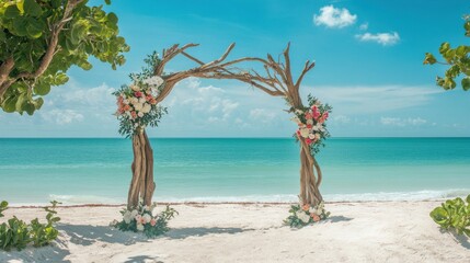 Serene Beach Wedding Arch with Tropical Scenery