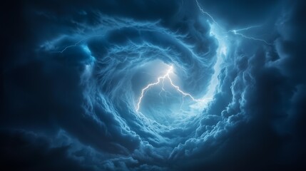 Obraz premium Hyper realistic storm with dark swirling clouds and powerful lightning striking the ground creating a majestic scene