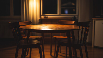 Cozy dining corner featuring a round wooden table, minimalistic chairs, and soft lighting