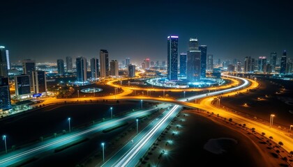 Fototapeta premium Bright city lights illuminate the night skyline