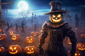 Big scarecrow in the middle of a rural field and between pumpkins with carved faces and a candle inside. glowing eyes, halloween concept