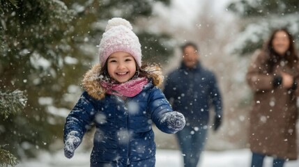 A young girl, dressed warmly in a blue jacket and pink hat, gleefully runs through falling snowflakes while her parents stroll nearby. The tranquil winter landscape enhances the joyful moment.