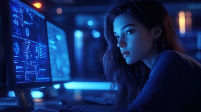 An ultra-realistic, editorial photo of a female cybersecurity analyst examining AI cyberspace threats on a computer screen in a dark, digital tech office or data center. The scene features blue light