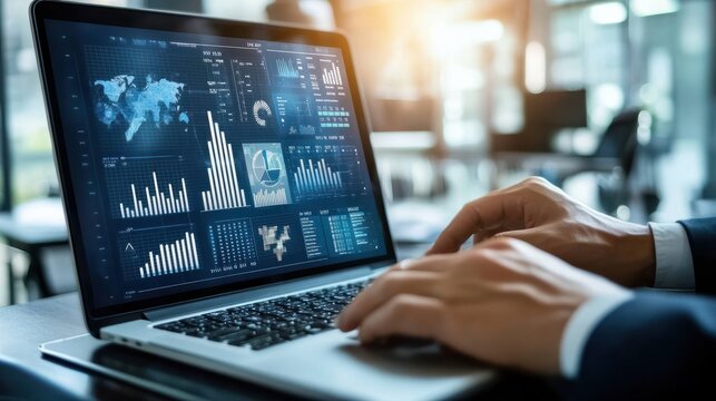 Analyst working with Business Analytics and Data Management System on computer, make a report with KPI and metrics connected to database. Corporate strategy for finance, operations, sales, marketing.
