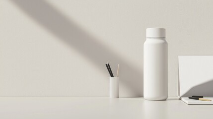 Zen Workspace: Minimalist Thermo Water Bottle and Creative Supplies on Clean Desk