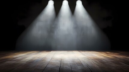 Three spotlights illuminate a wooden floor in a dark room.