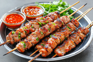 Deliciously grilled pork skewers served with spicy dipping sauce for perfect flavor explosion