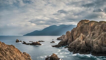 Fototapeta premium The blue sea with the scenery of rocks, cliff, and island under the cloudy sky. Generative AI