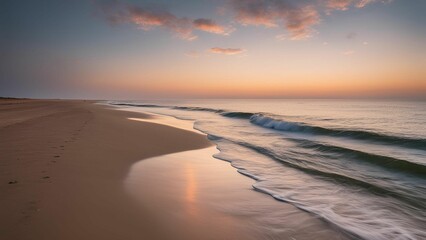 Fototapeta premium the scenery of a clean beach under the sunrise sky. Generative AI