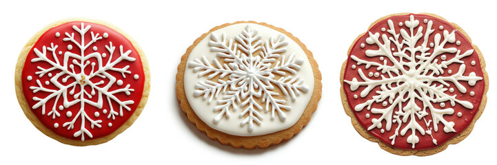 Set of a round Christmas cookie with a snowflake design made from royal icing isolated on transparent background (4)