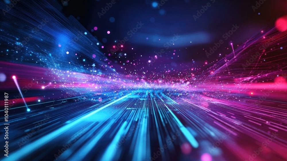 Poster abstract geometric patterns and glowing light paths on a high-tech digital backdrop.