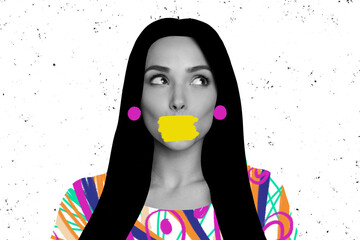 Creative collage picture young woman censorship prohibition speechless voice rights violation...