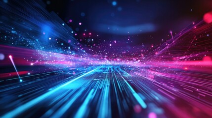 Abstract geometric patterns and glowing light paths on a high-tech digital backdrop.