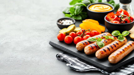 A vibrant platter of grilled sausages served with mustard and fresh vegetables on a rustic board