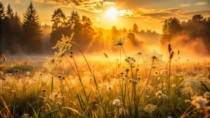Fototapeta premium Misty Sunny Morning in a Wild Field by the Forest – Macro Photography of Nature's Beauty