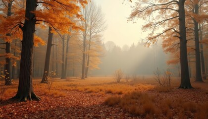 Fototapeta premium Autumns golden embrace in the misty forest