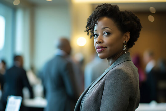 African American woman working as a public relations officer at an event, People photography