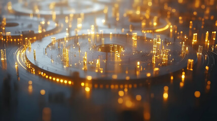 3D Bokeh Lights Circular Economy Diagram Close Up Business People Illuminated Tokens Resource Flow Collaborative Principles Icon White Background