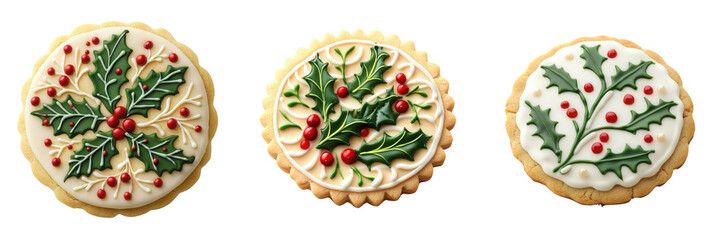 Set of a round cookie with a festive holly berry design made of colorful icing isolated on transparent background (3)